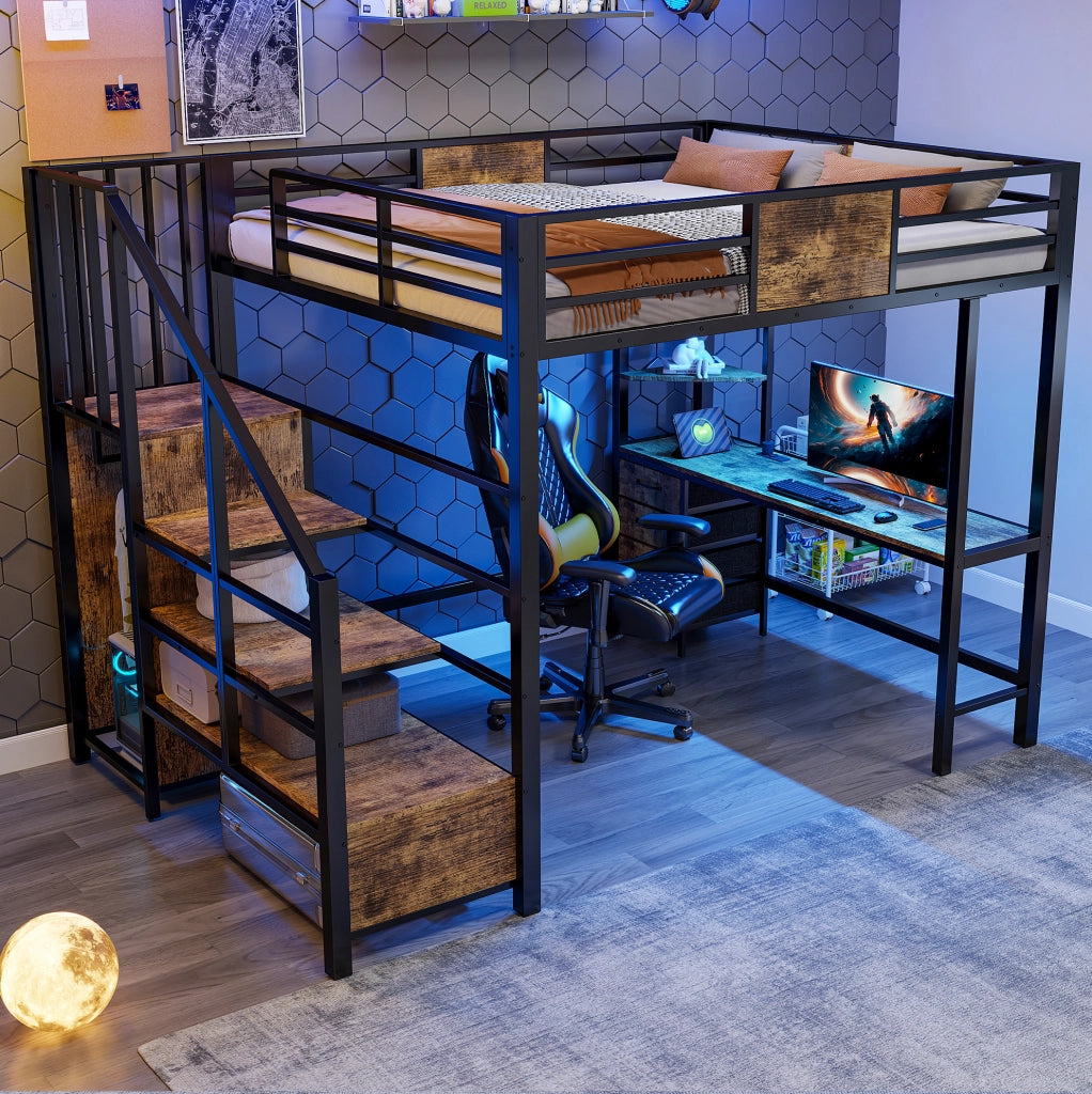 Letto a soppalco 140x200 cm in metallo con scrivania; ripiani; asta appendiabiti; LED e presa; nero