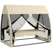 Dondolo da Giardino 2 in 1 Convertibile in Letto con Cuscini e Zanzariera, 240x140x197 cm, Caffè