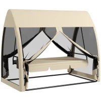Dondolo da Giardino 2 in 1 Convertibile in Letto con Cuscini e Zanzariera, 240x140x197 cm, Caffè