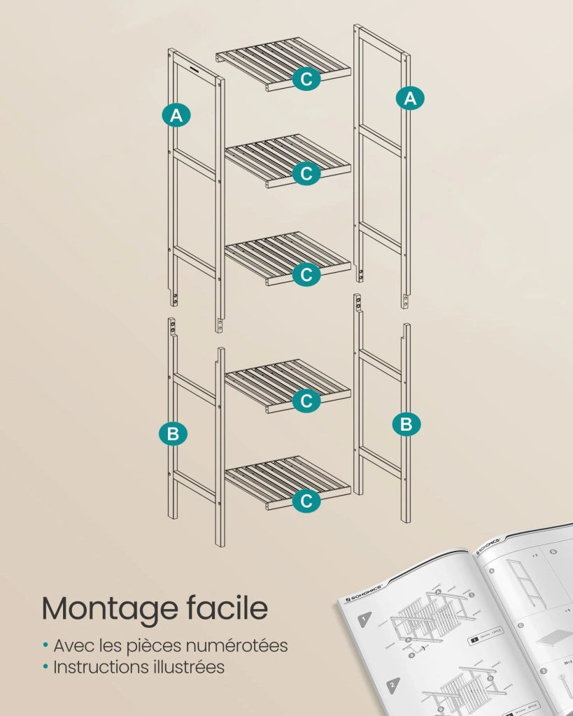 Mensola da bagno in bambù a 5 ripiani 33 x 33 x 146 cm contenitore angolare multifunzionale per cucina soggiorno camera da letto corridoio bianco 12_0005731