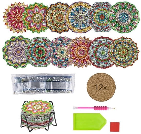 12 Sostegni per Diamond Painting con Standard Metallico | 12 Sostegni in Legno | Inclusi Diamanti e Strumenti | 29 Pezzi (Mandala di Fiori)