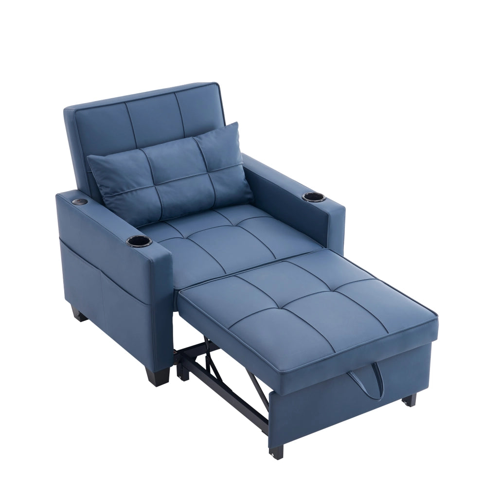 Divano convertibile 3 in 1 con funzione letto e tasca laterale salvaspazio per piccoli spazi in legno e metallo blu