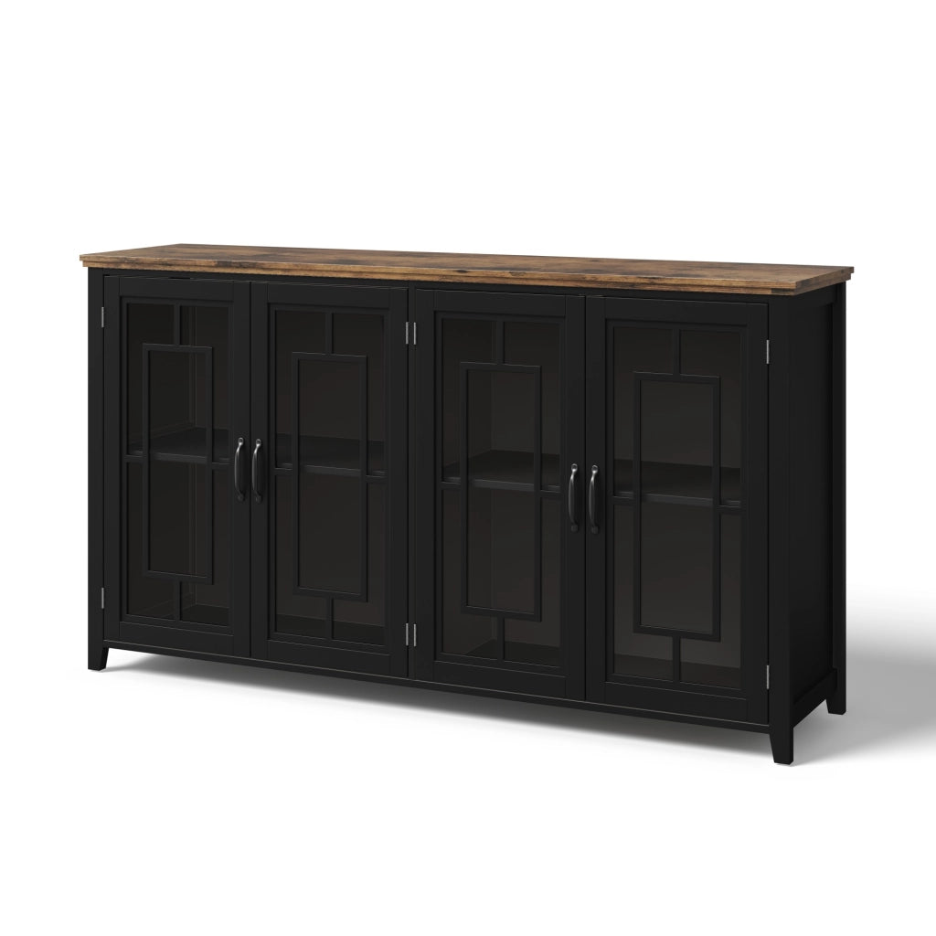 Credenza e madia con ante in vetro e 2 vani, piano effetto legno, per cucina e soggiorno, nero 160 × 40 × 86 cm