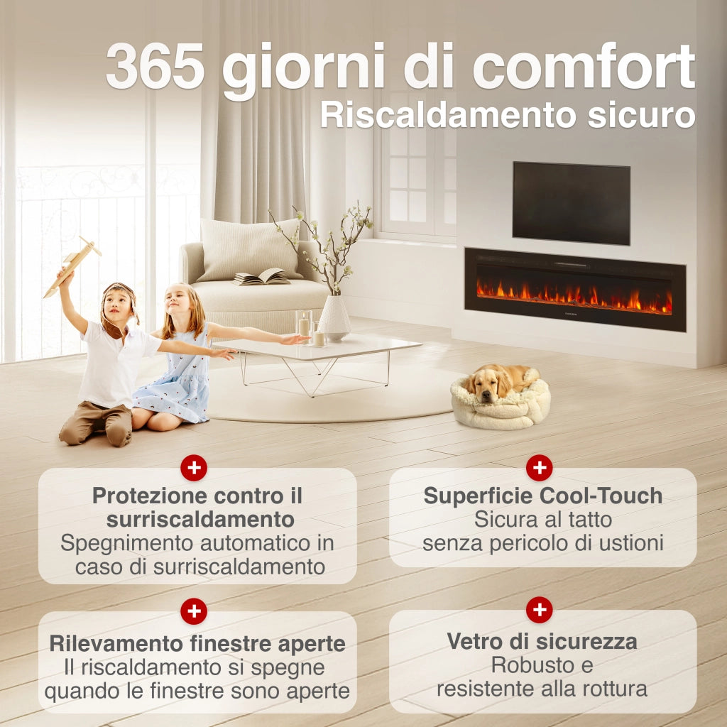 KAMINIO Camino elettrico MARLON - Camino elettrico 3 in 1 con riscaldatore, effetto fiamma 3D, 12 colori di fiamma, telecomando - 70 pollici