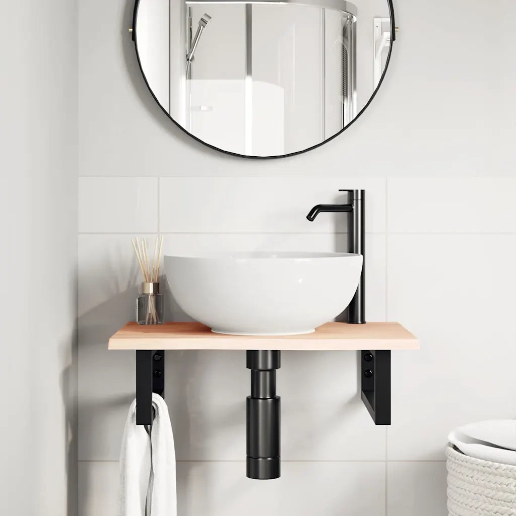 Ripiano a Parete per Lavabo in Acciaio e Massello di Rovere