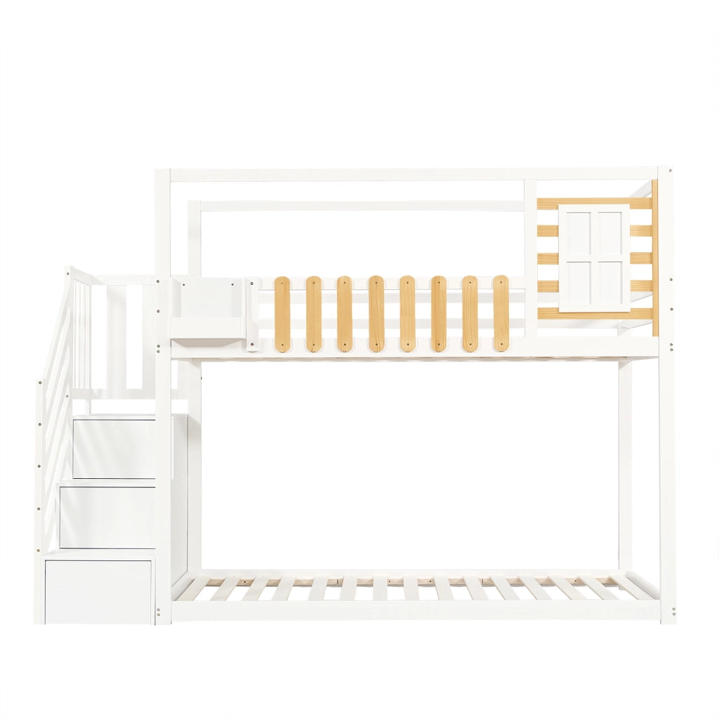 Letto a Castello 90x200 cm con Scala; Finestra e Ripiani in Legno e MDF; Bianco