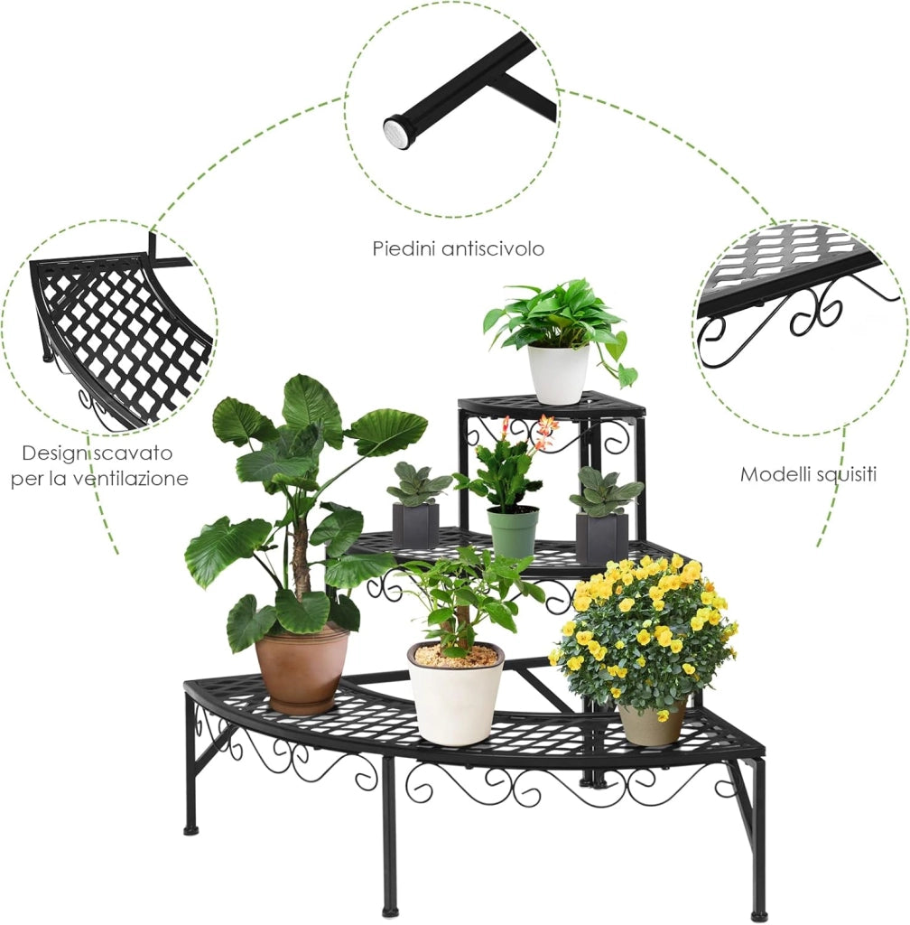 Scaffale Portafiori a 3 Ripiani, Porta Piante da Esterno e Interno a Scala, Scaffale Porta Vasi di Metallo per Balcone, Soggiorno e Giardino, 59 x 59 x 61 cm