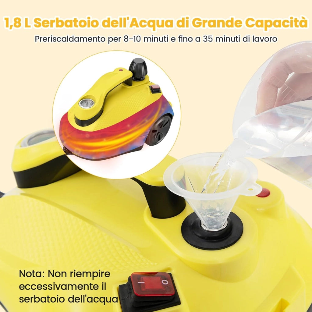 2000W Pulitore a Vapore, Vaporizzatore Portatile con Serbatoio 1,8L, er Uso Domestico con Accessori, Macchina per Pulizia su Pavimenti Finestre Tappeti (Giallo)