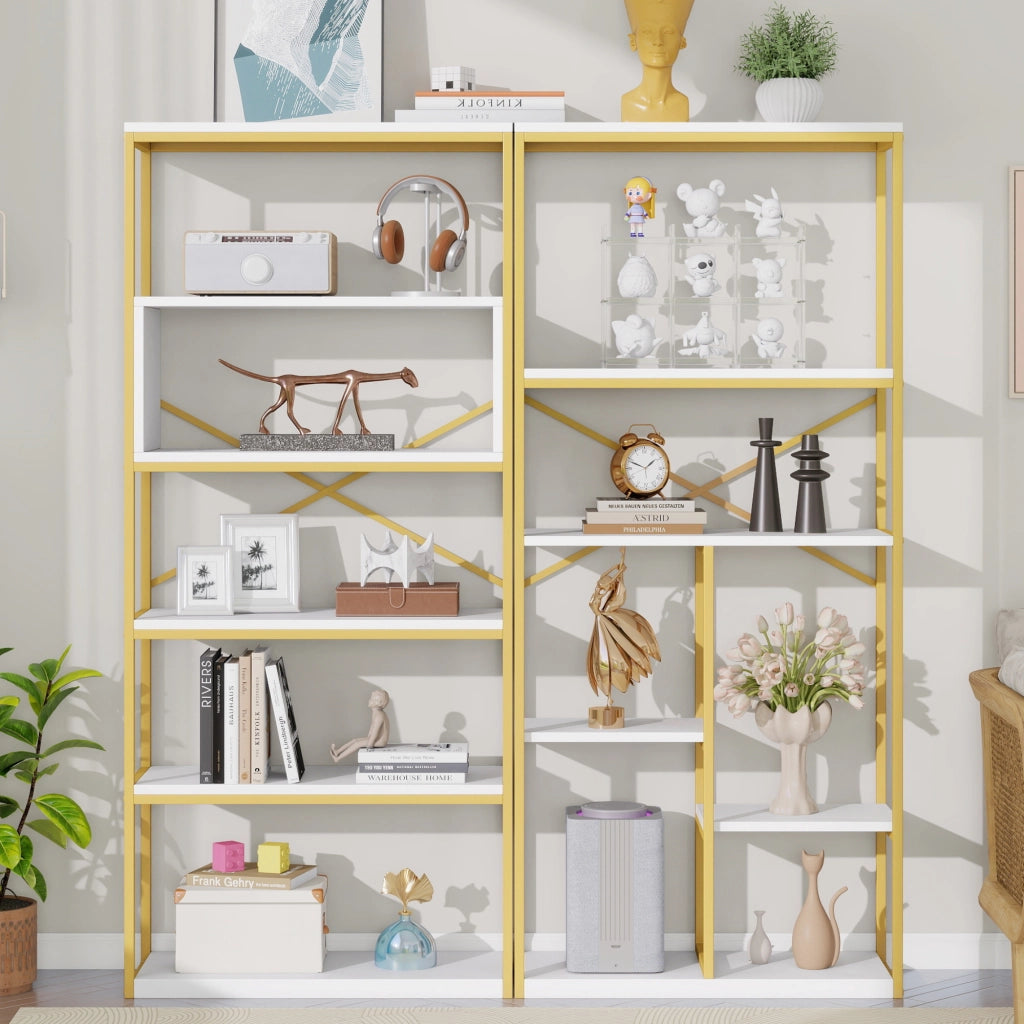 Libreria moderna 160 x 29,5 x 180 cm in MDF e metallo, struttura rettangolare stabile, finitura oro e bianco
