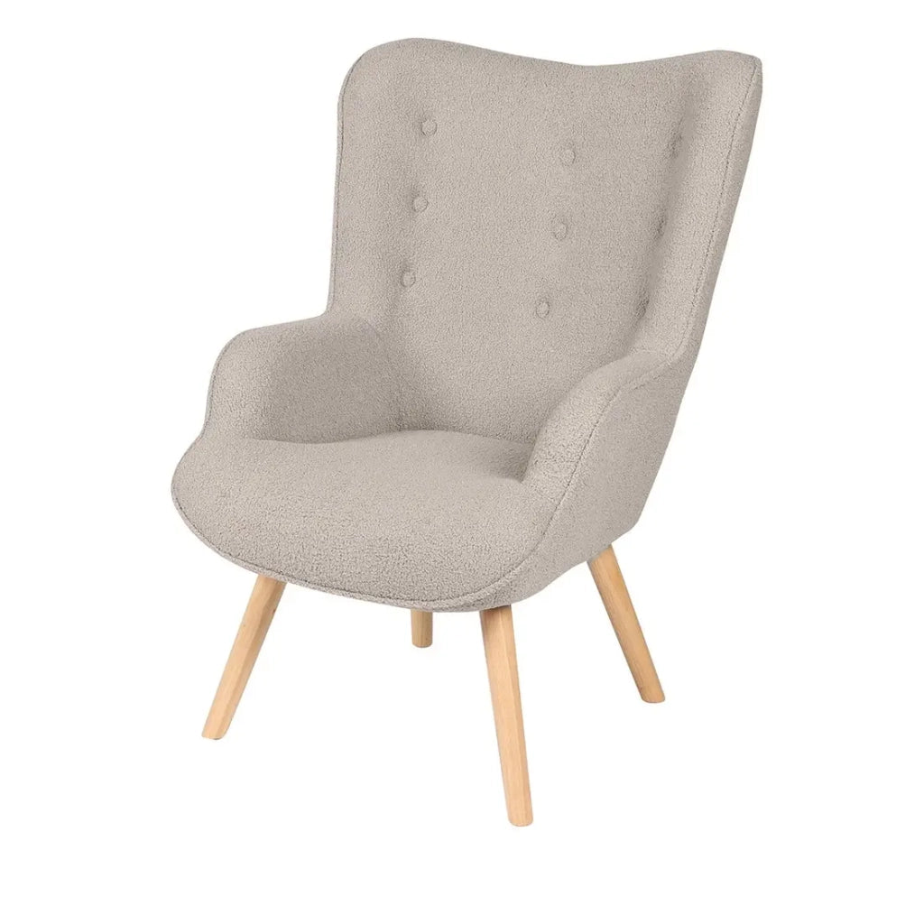 Poltrona da salotto in tessuto teddy grigio con piedi in legno collezione ENJOY. Stile scandinavo