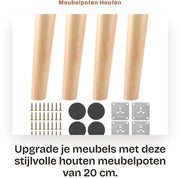 Set di supporti per mobili in legno da 4 pezzi - 20 cm - Supporti rotondi con piastre di fissaggio - Supporti robusti per mobili - Adatti per divani/letti/armadi - Supporti per tavolo