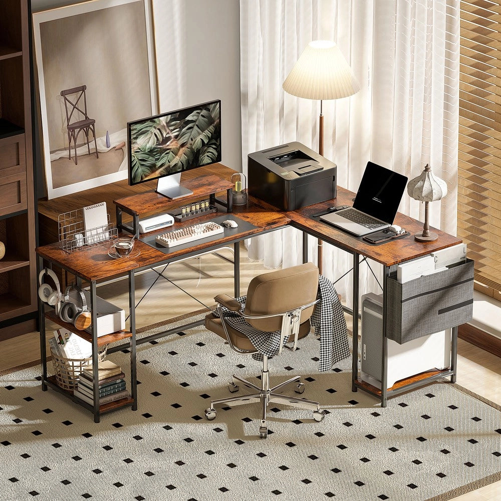 Scrivania angolare per computer gaming ¨C Minimal ¨C marrone legno multistrato con ripiani 168x120cm per ufficio casa