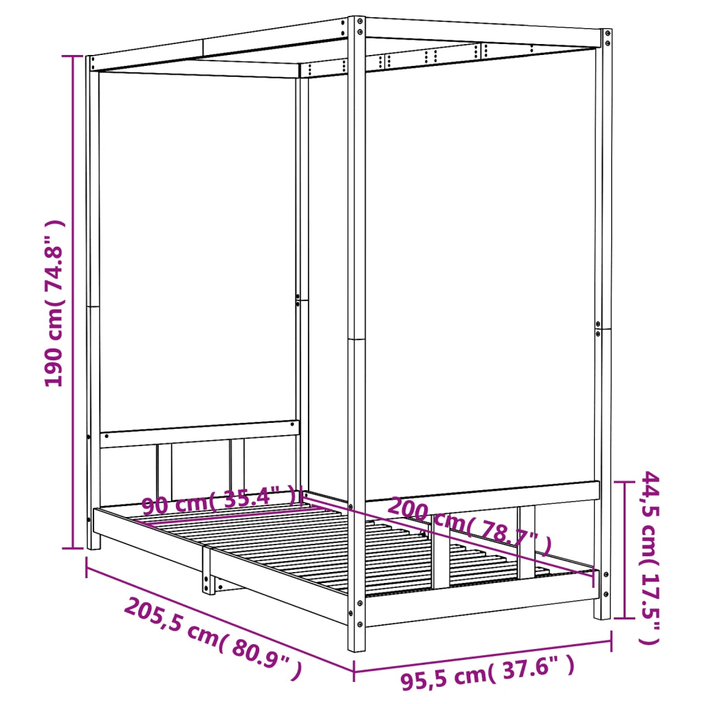 Giroletto per Bambini Nero 90x200 cm in Legno Massello di Pino 834524