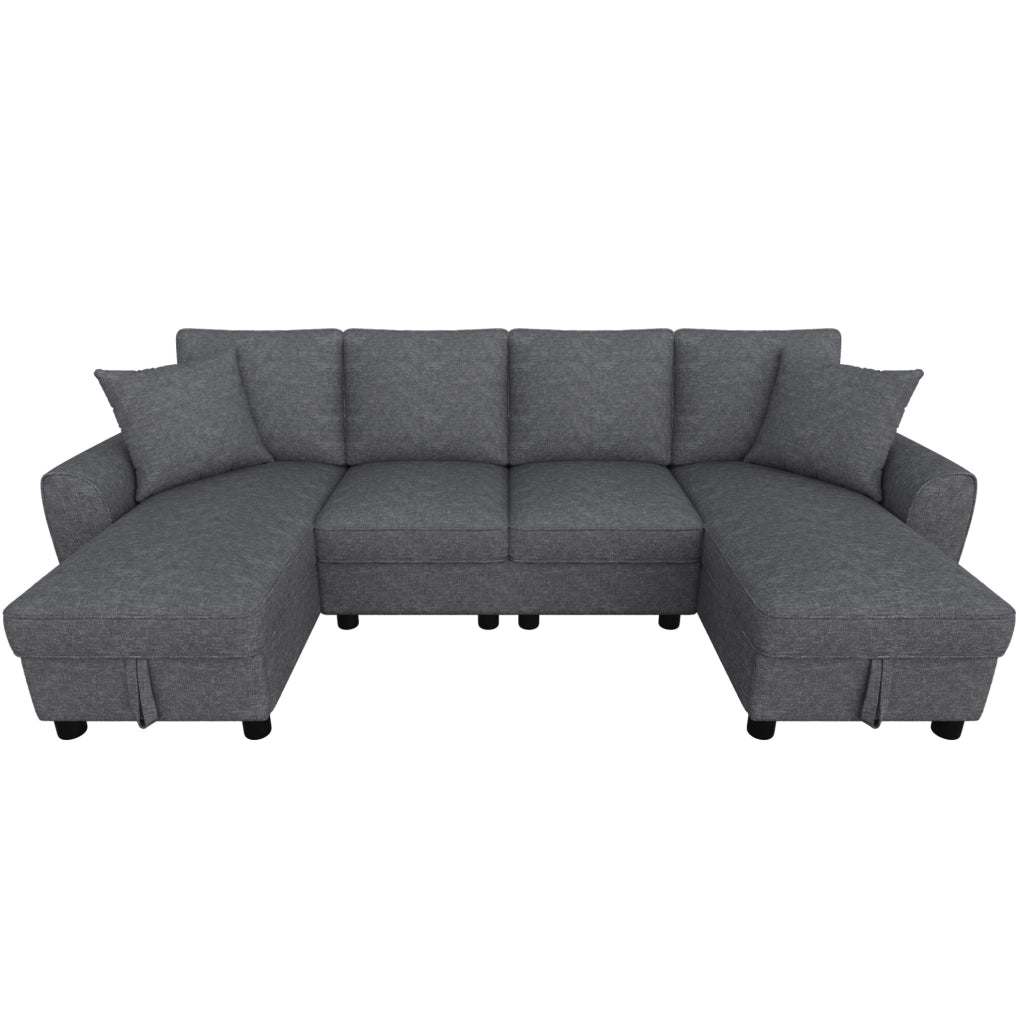 Divano a U in ciniglia grigio con vano contenitore, 280x137x84 cm