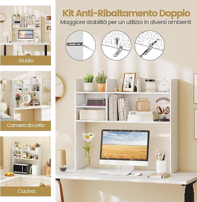 Libreria da Scrivania, Scaffale da Scrivania con 6 Ripiani in Legno, Scomparto Aperto per Monitor 32", Espositore per Dormitori Uffici Studio, 94 x 24 x 85 cm (Bianco)