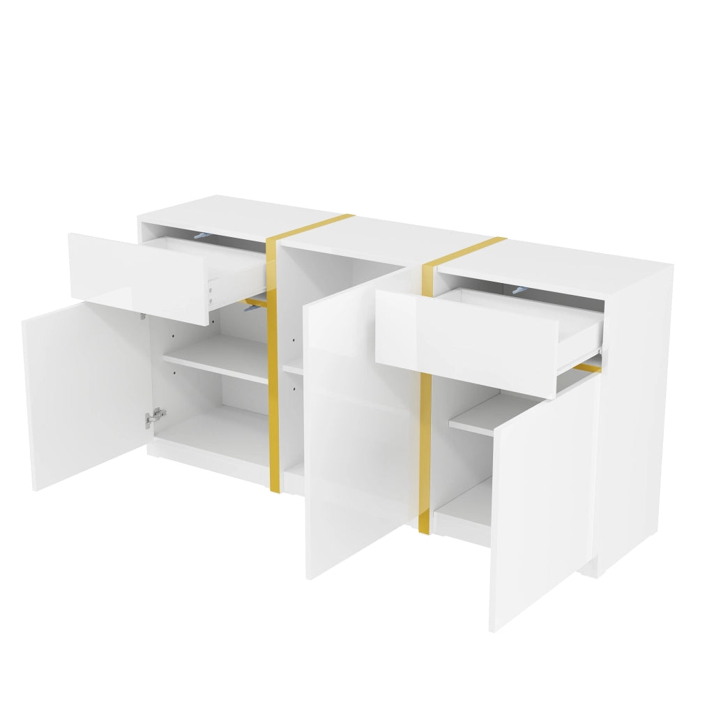 Credenza lucida, 3 ante e 2 cassetti, mobile da ingresso, finiture dorate, bianco