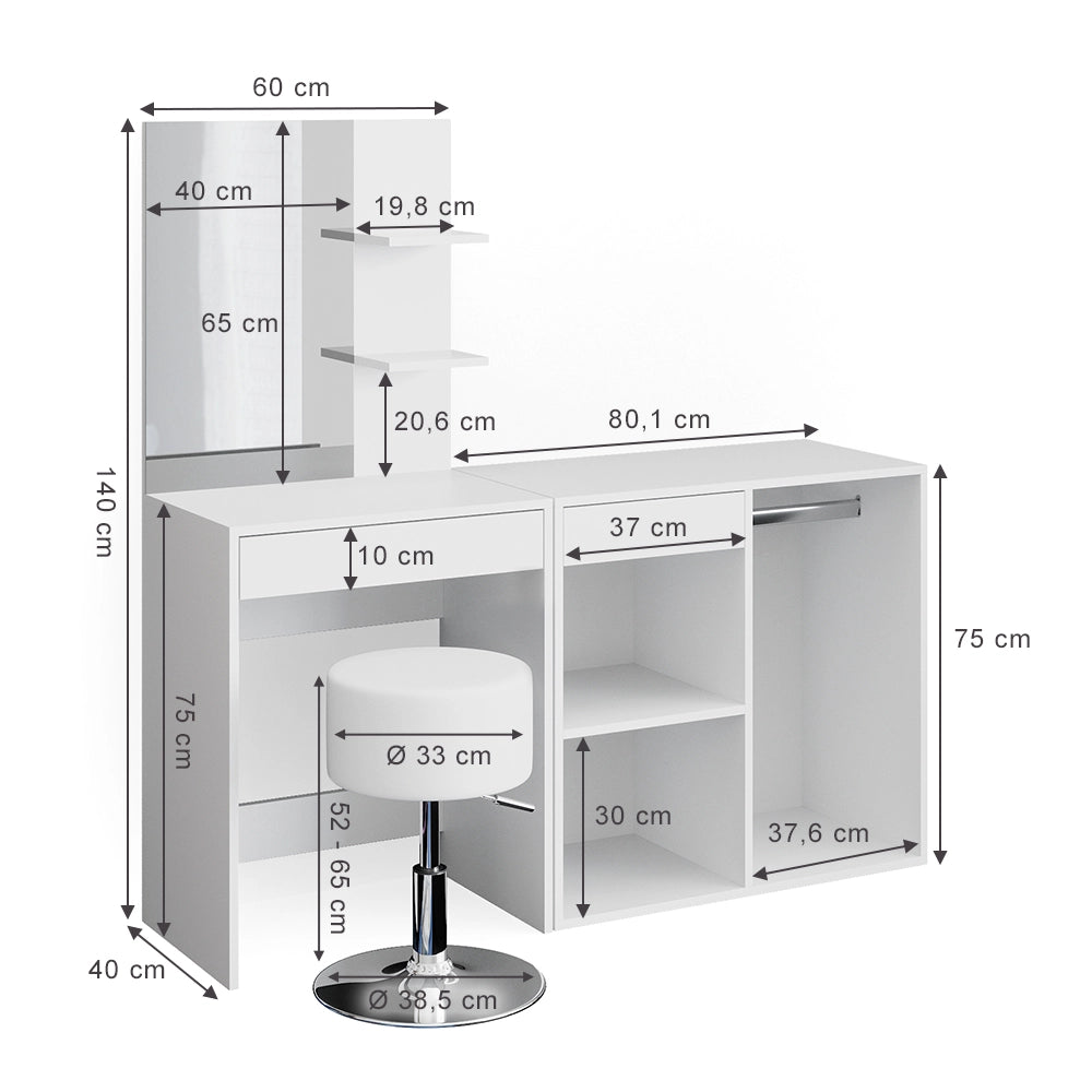 Vicco Tavolo da toeletta Bianco 140 cm con sgabello