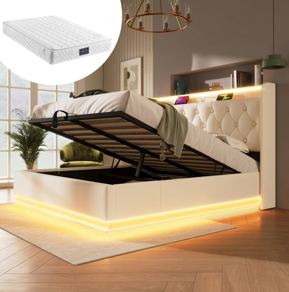 Letto matrimoniale 140x200 cm con LED, USB-C e materasso