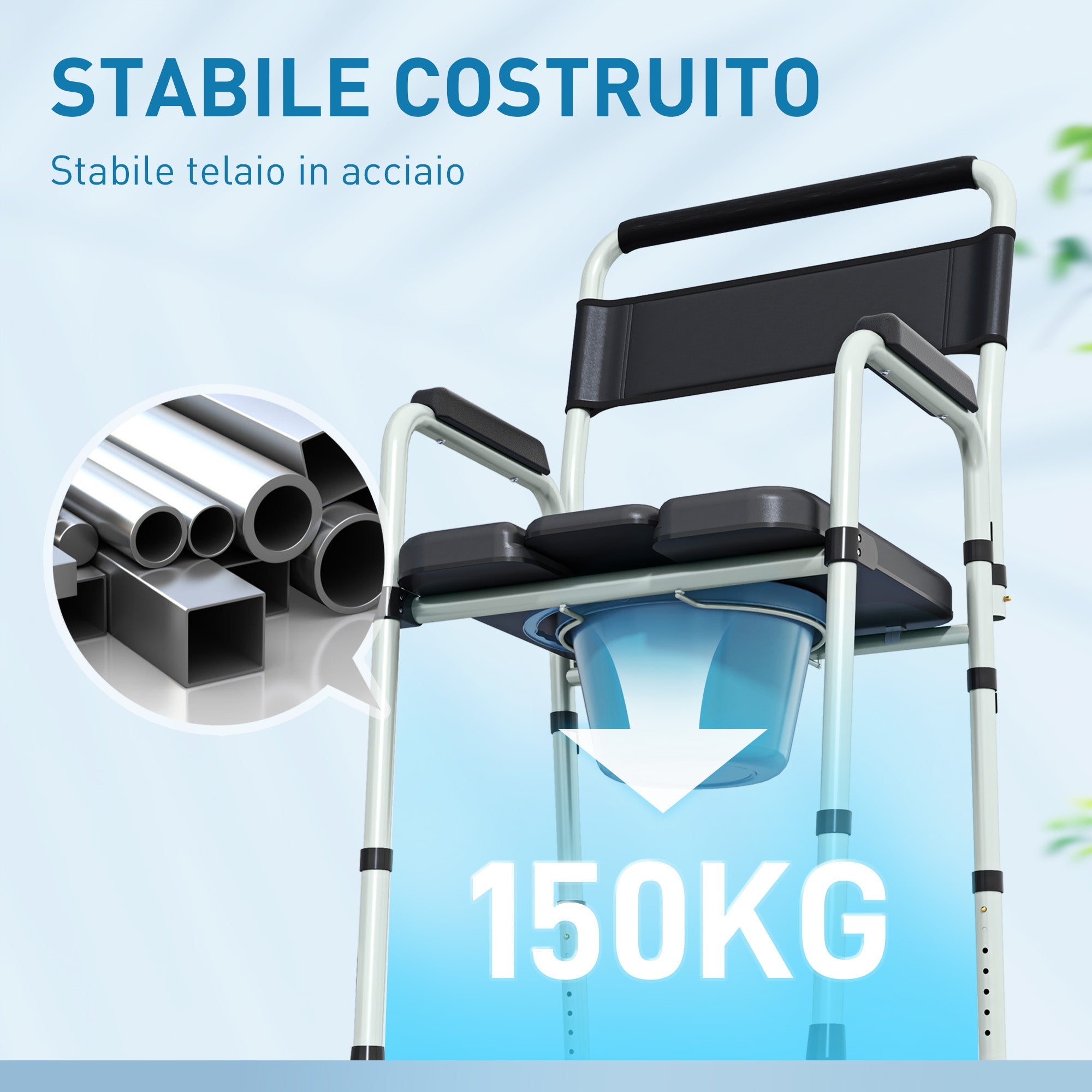 Sedia WC per Anziani e Disabili 52,5x46x81,5-97 cm Pieghevole e Regolabile in Acciaio e Pelle PU Nero