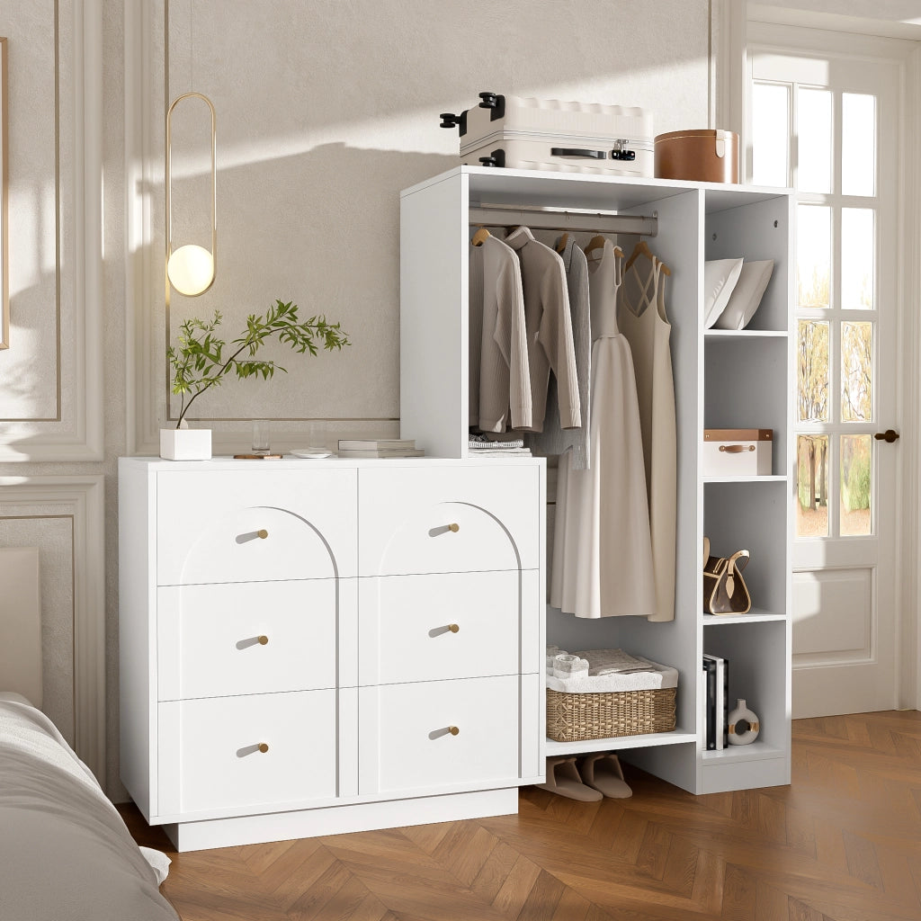 Armadio Guardaroba Aperto Bianco 139×35×133 cm con Barra Appendabiti; 6 Cassetti e Ripiani Laterali