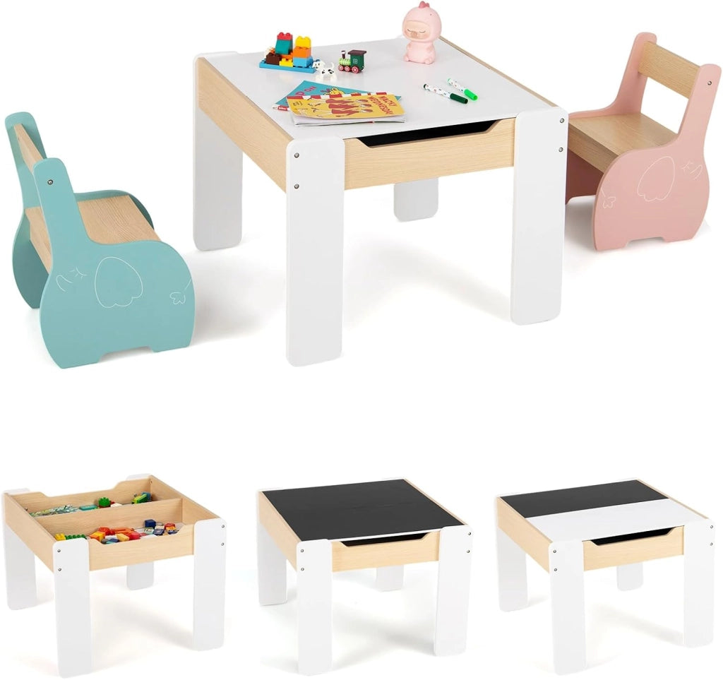 3 in 1 Set Tavolo e Sedie per Bambini, Tavolo da Attività per Bambini con 2 Sedie, Lavagna Rimovibile e Deposito, per Giocare, Disegnare e Leggere, in Legno (Multicolori)