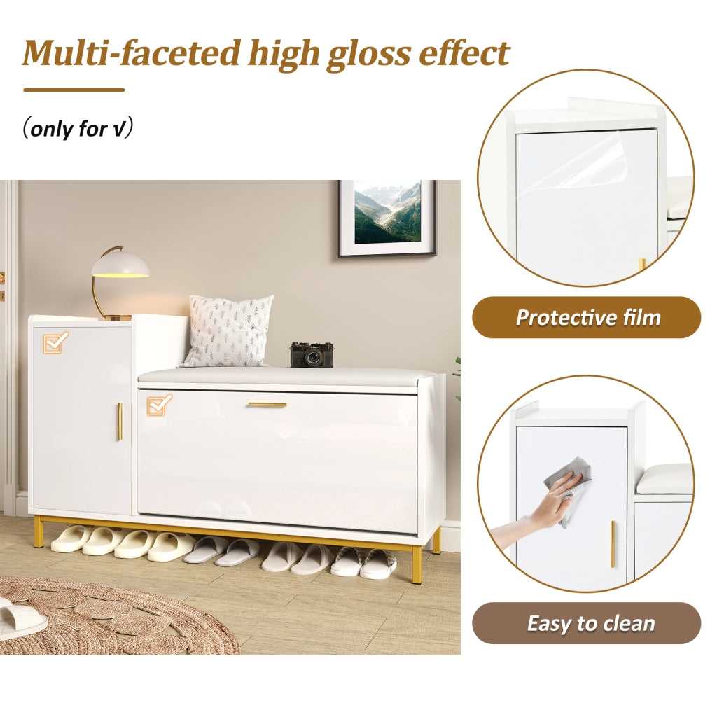 Scarpiera con seduta, 2 ripiani e 1 armadietto, per ingresso, in truciolare e metallo, bianco oro, 100 × 38 × 68 cm