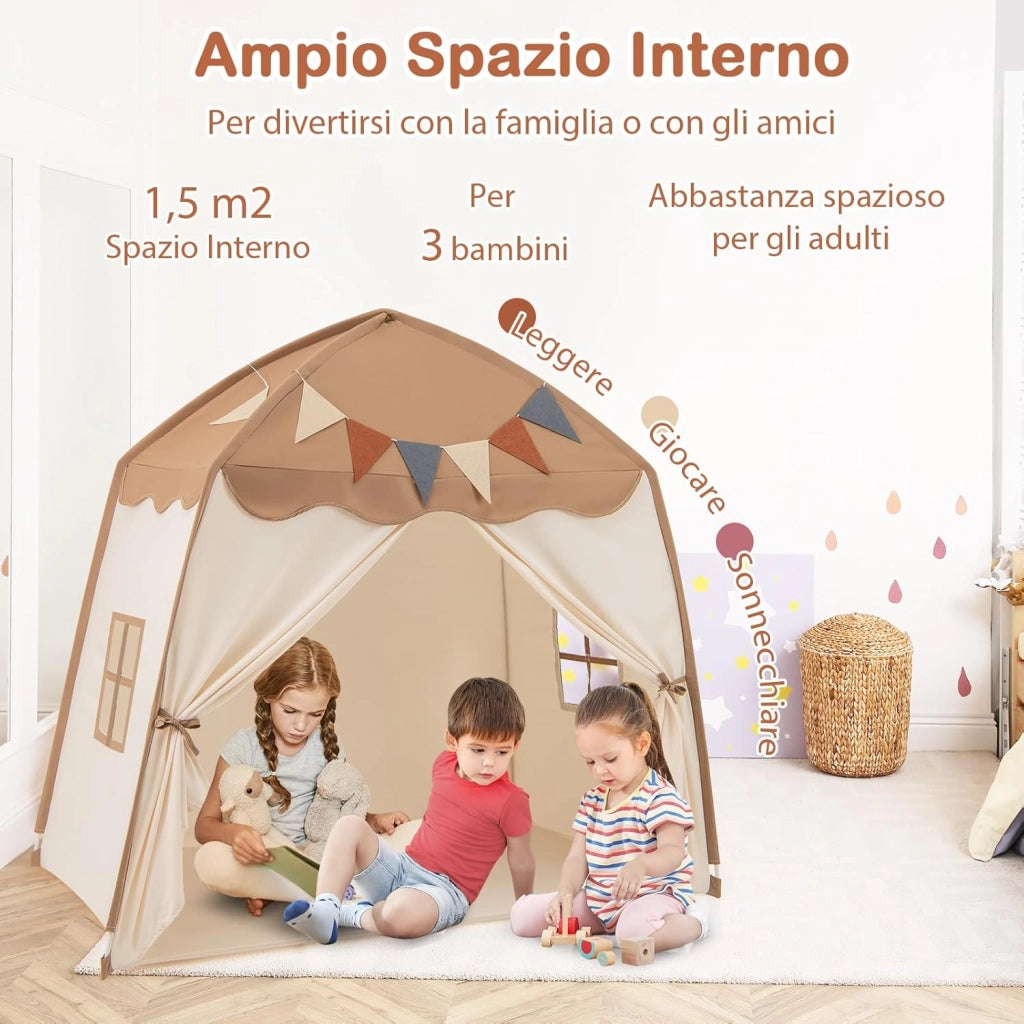 Tenda per Bambini con Luci Fatate e Bandierine, Tenda Casetta da Gioco con 2 Finestre, Tenda Gioco Castello Portatile per Interni ed Esterni, 157 x 98 x 148 cm (Marrone e beige)