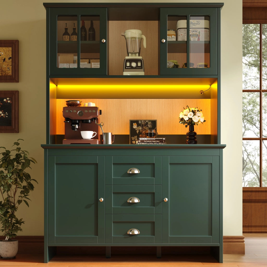Credenza Alta da Cucina con Ante in Vetro e LED ¨C Xylo ¨C Verde, 120x40x179 cm