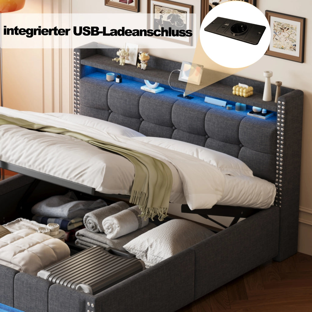 Letto imbottito matrimoniale 160×200 cm con LED; USB; ripiani; contenitore e rete sollevabile; senza materasso; grigio