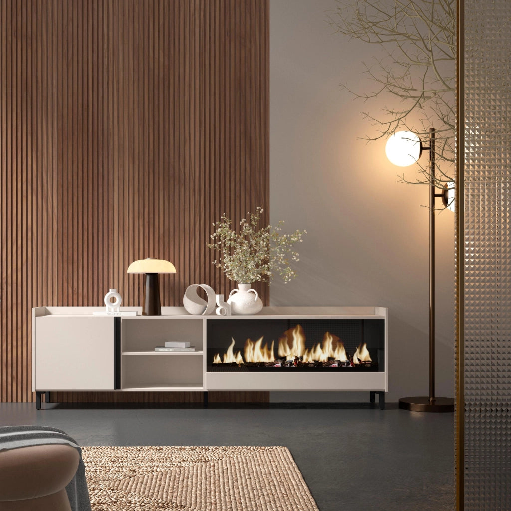 Mobile TV Soggiorno, 212x61x35 cm, Per TV fino a 80", Camino elettrico XXL, Design industriale, Beige