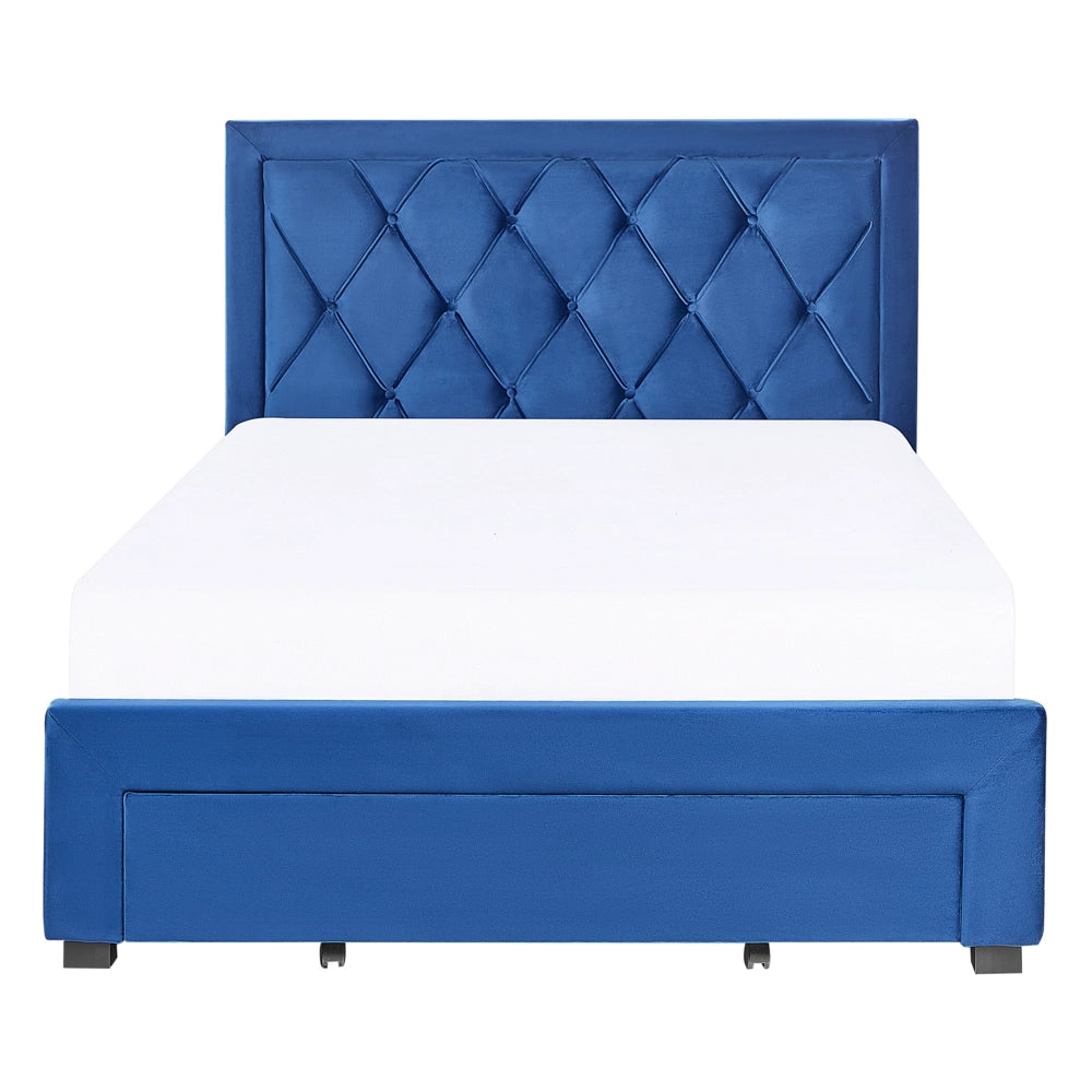 Letto contenitore tappezzeria in velluto blu 140 x 200 cm trapuntato testiera alta cassetti Glam Design