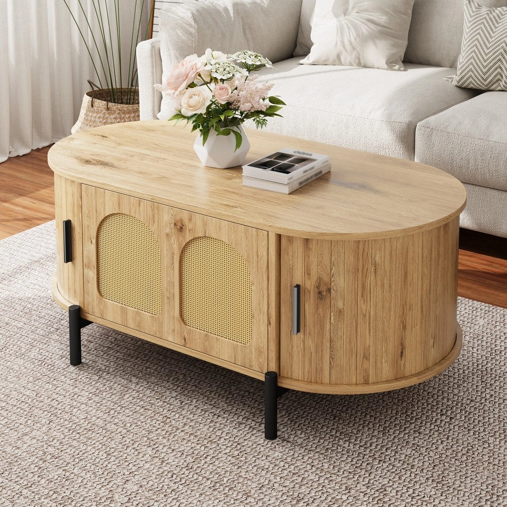 Tavolino da Caff¨¨ Ovale con Rattan e Ante Scorrevoli ¨C MINIMAL ¨C Legno e Metallo, Soggiorno