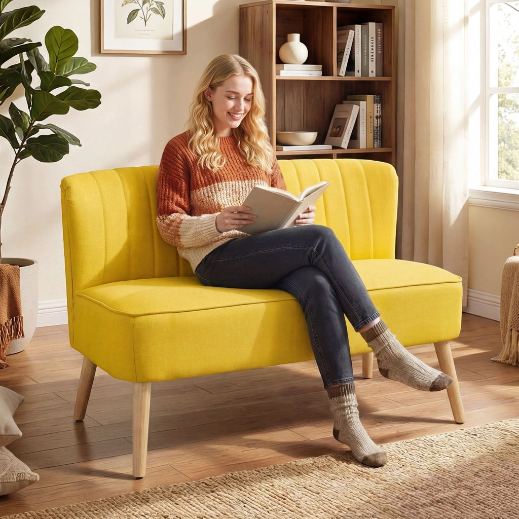 Divano 2 posti imbottito tessuto antimacchia ¨C zephmum ¨C giallo 117x56.5x77 cm