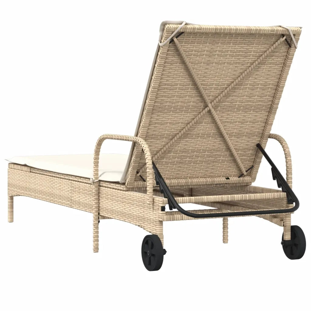 Lettino Prendisole con Ruote e Cuscino in Polyrattan Beige 368312