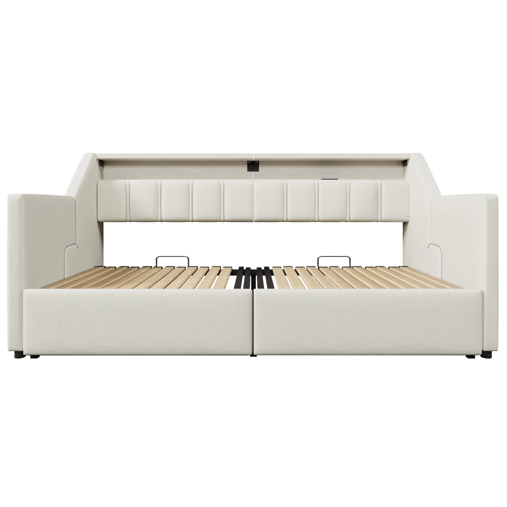 Letto singolo 90x200 beige con USB; LED multicolore e cassetti contenitori