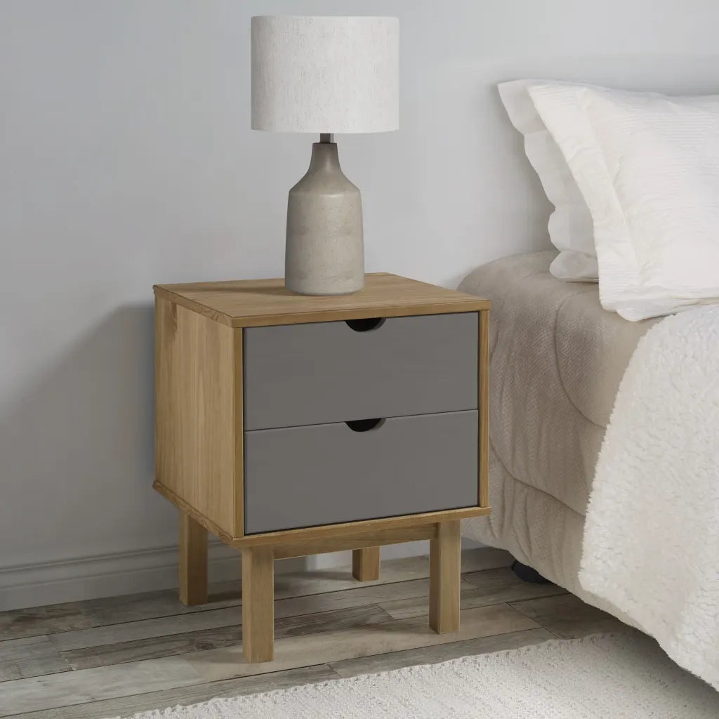 Comodino | Armadio da Notte | Mobiletto da notte OTTA Marrone e Grigio 45x39x57 cm in Legno di Pino