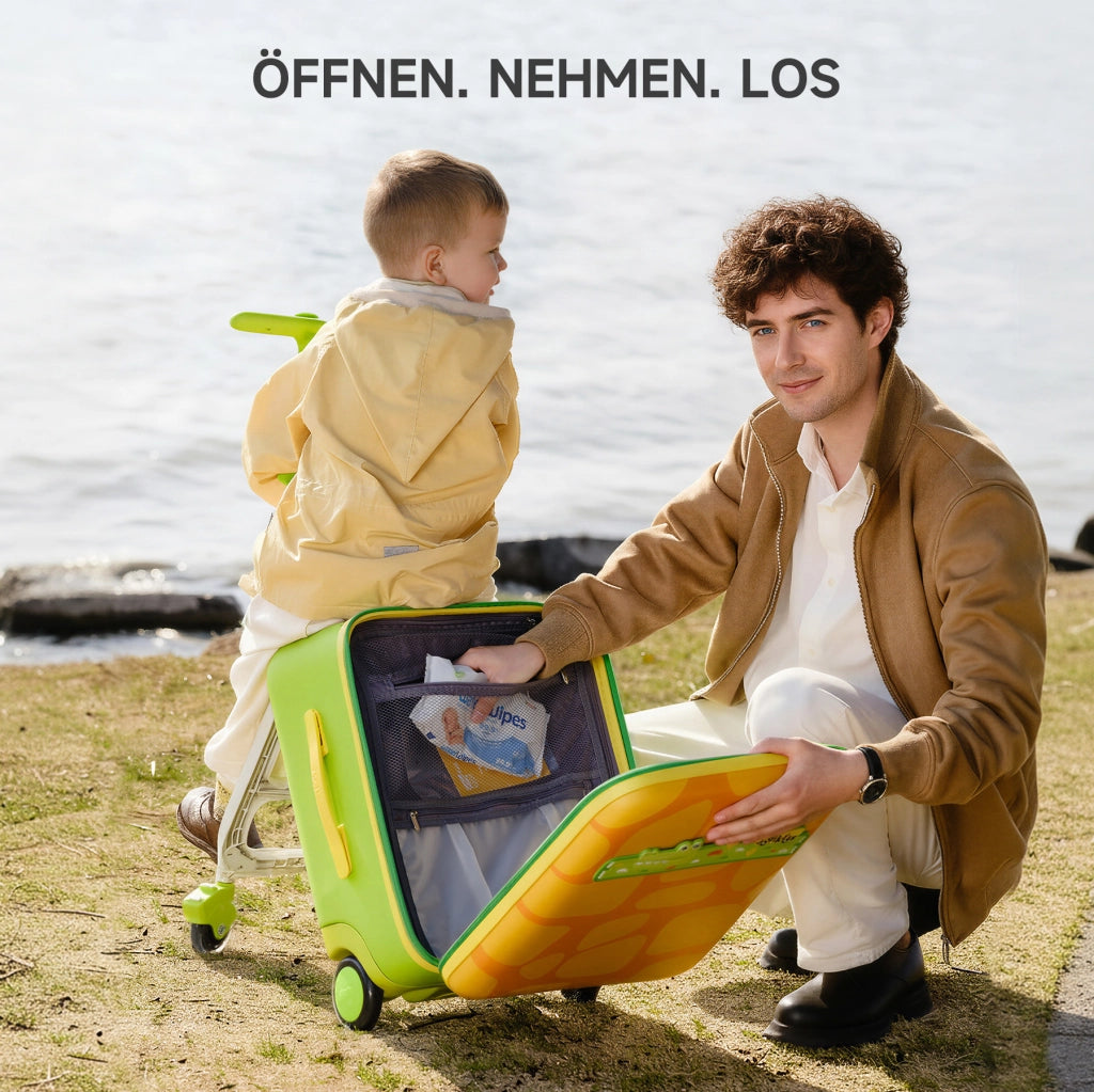Valigia trolley bambini 3 in 1 con seduta, 32L, verde, con manico telescopico e 4 ruote BEAUNIV