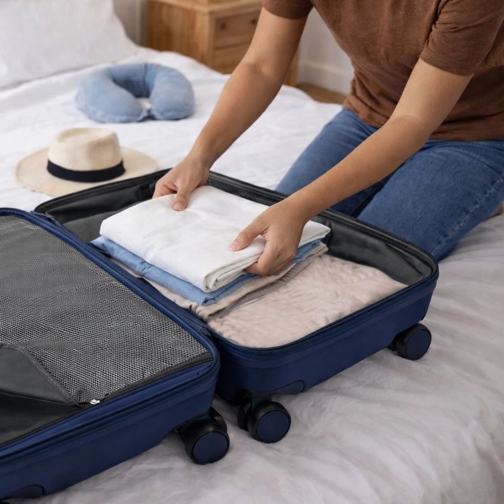 Set 3+1 Valigie Rigide Beauty Case Bagaglio Trolley Blu Navy con Ruote Easy Roll