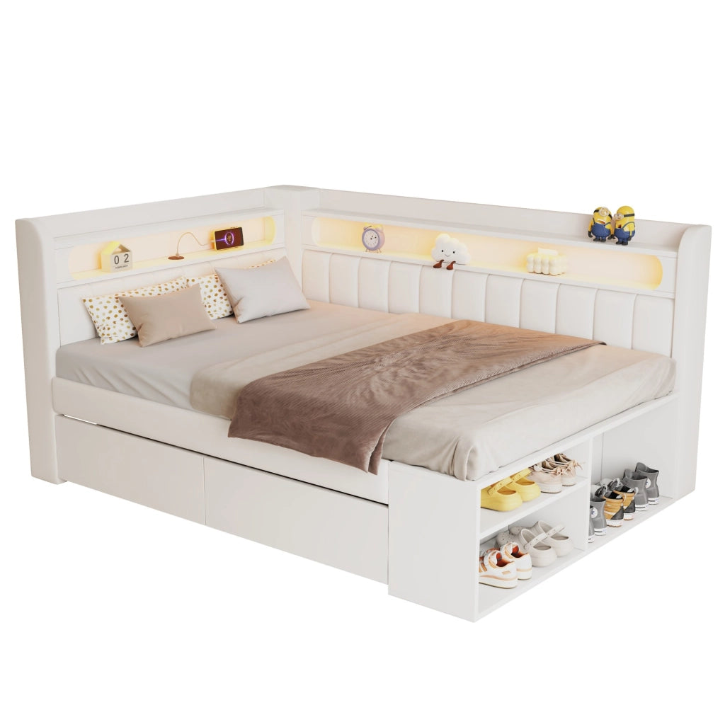 Letto imbottito 90x200 cm con USB; LED e scarpiera; bianco
