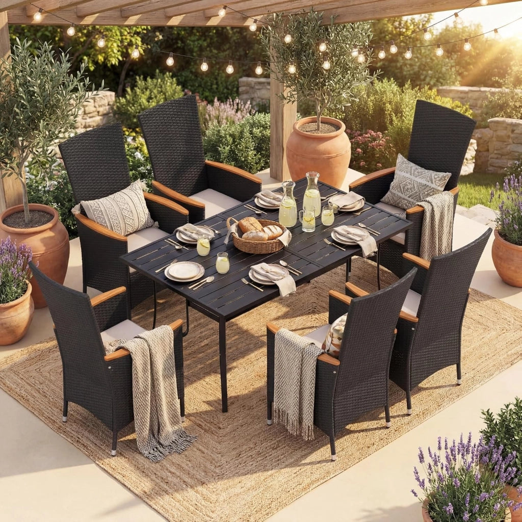Sedie da Giardino in Ratten PE, Sedie da Esterno con Cuscino Moebido, Braccioli Curvi e Schienale Alto, Portata 180 kg, Poltrone da Esterno per Terrazza e Bordo Piscina, 58 X 62 X 107 CM (2)