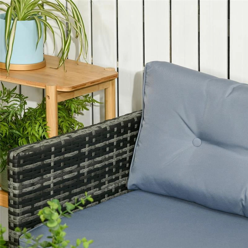 SALOTTO DA GIARDINO CON DIVANETTO CHAISE LONGUE E TAVOLINO IN RATTAN CON CUSCINI GRIGIO