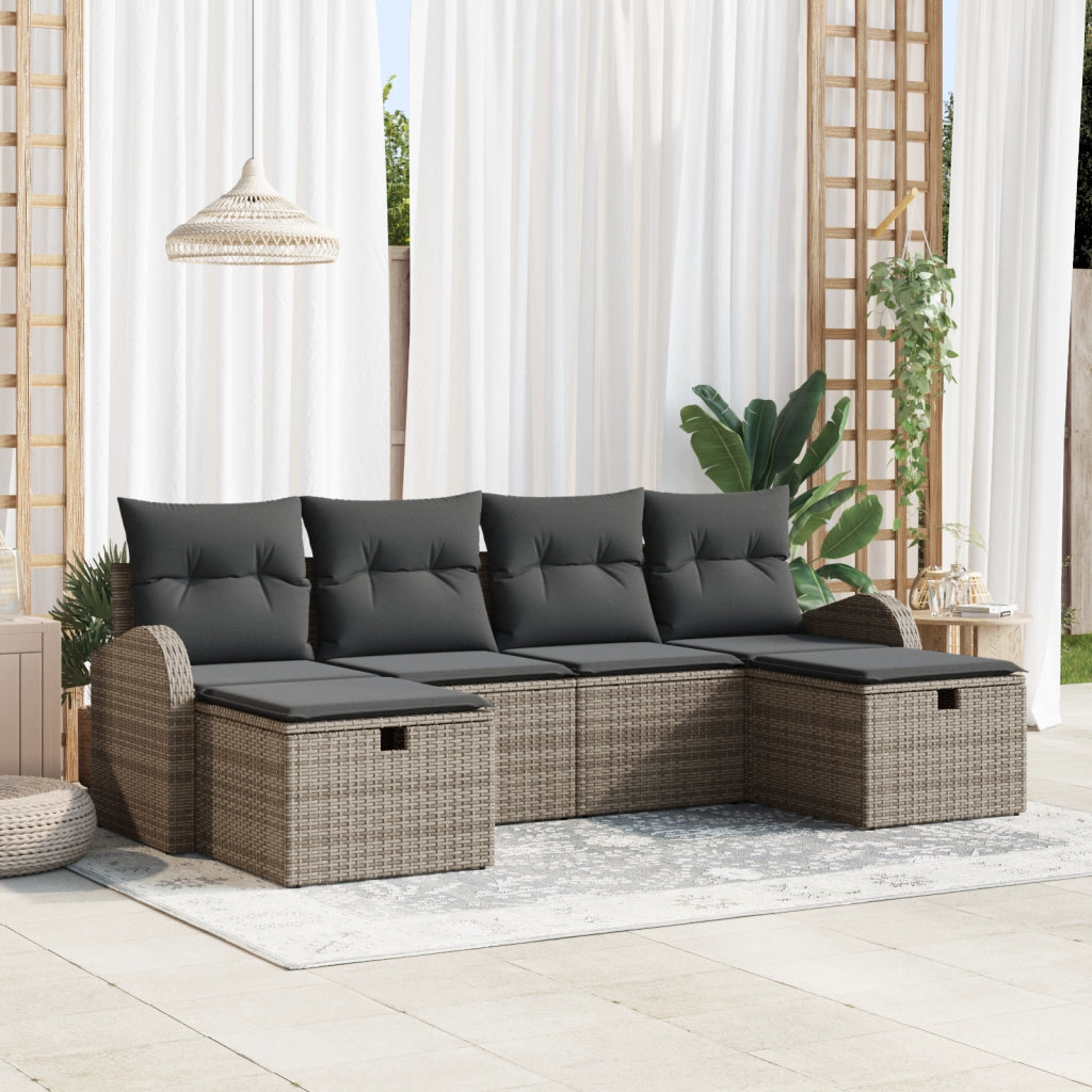 Set Divano Giardino 6 Pezzi con Cuscini Grigio Polyrattan