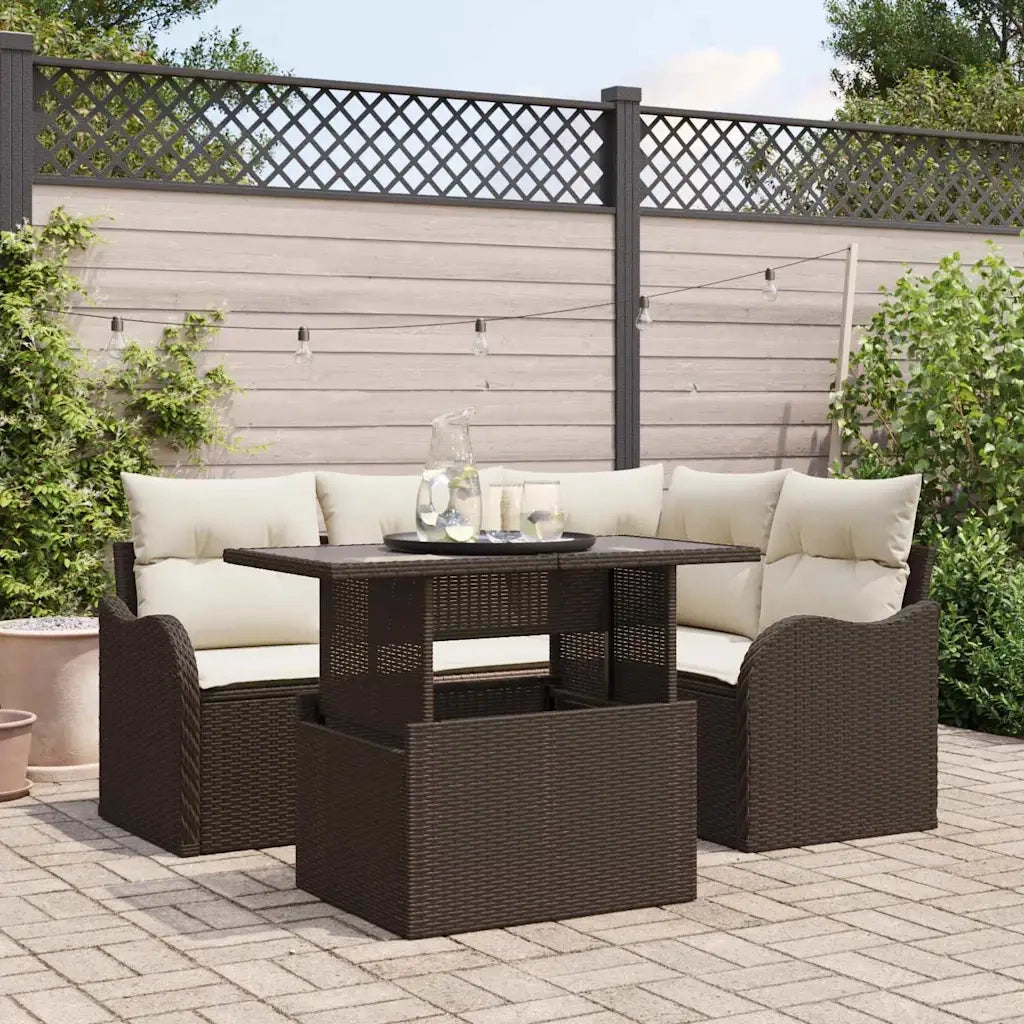 Set da pranzo per esterni con cuscino 5 pcs Marrone Poly Rattan