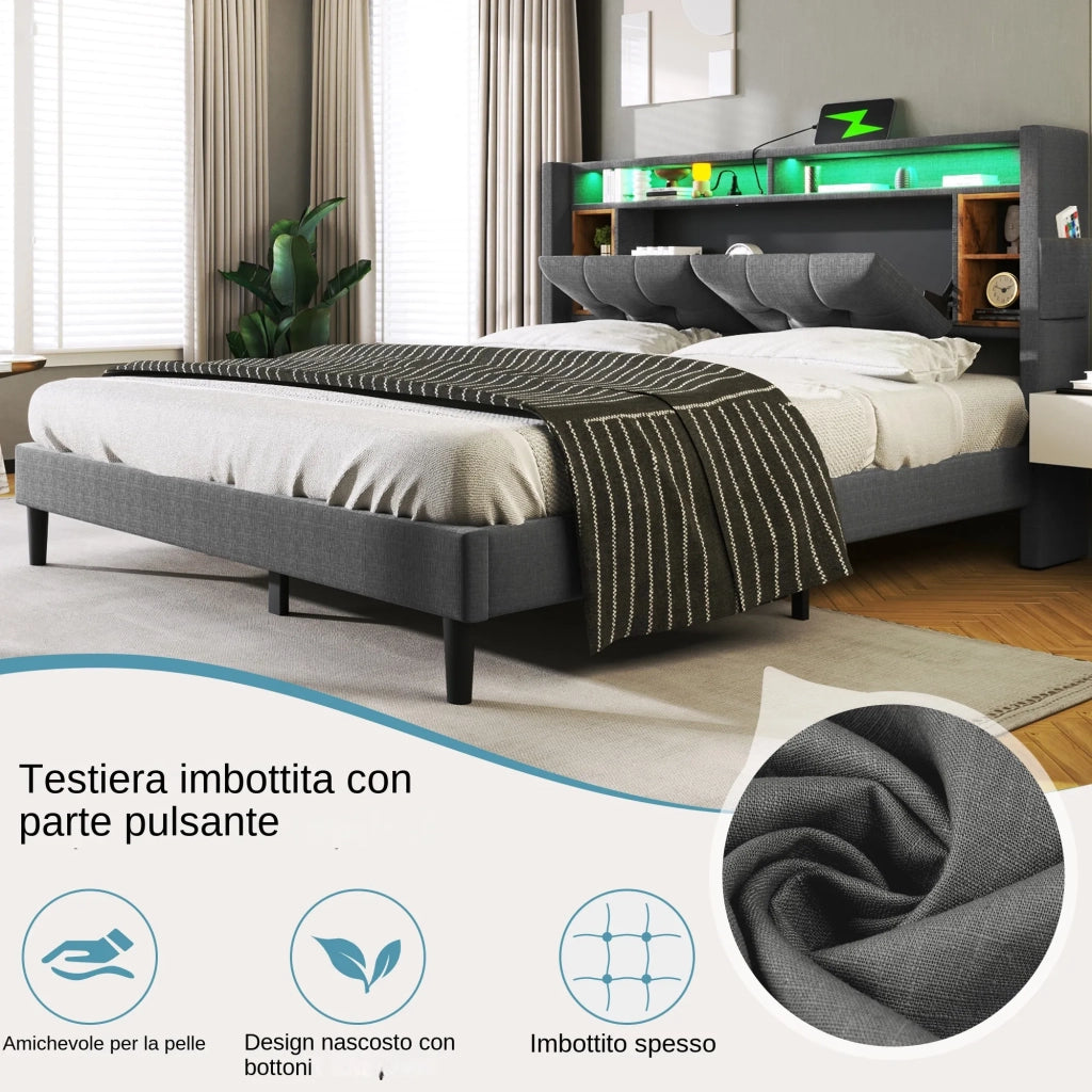 Letto matrimoniale imbottito 160x200 cm con LED; USB; presa; testiera contenitore e rete; grigio