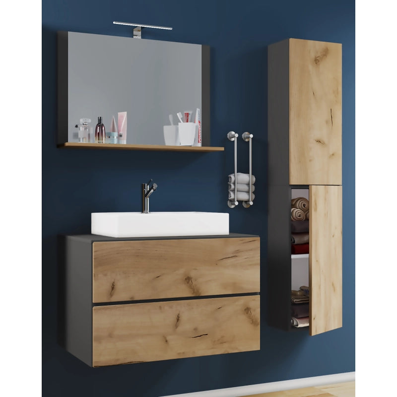 Luce Set Bagno 4 Pezzi Mobile sospeso 2 casetti con lavabo bianco large in ceramica incl Colonna e specchio, Antr./Rovere
