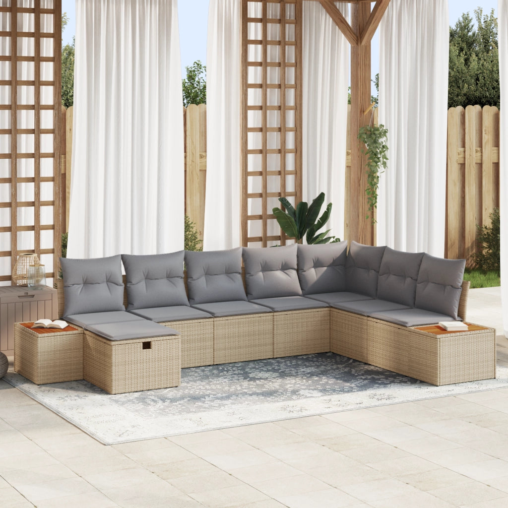 Set Divano da Giardino 8 Pezzi con Cuscini Beige Polyrattan