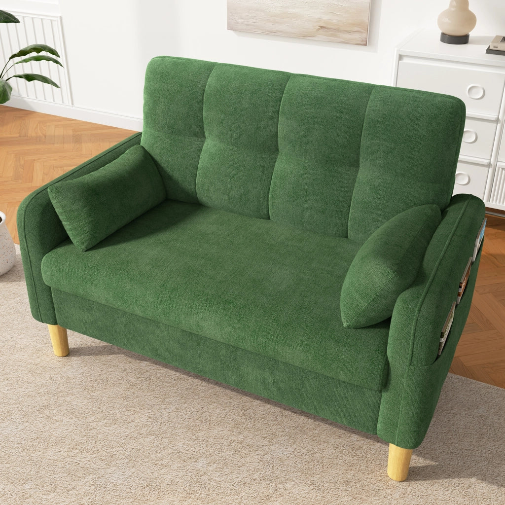 Divano a 2 posti in ciniglia con cuscini e tasca laterale, schienale alto e comfort per piccoli spazi, verde 119 × 78 × 85 cm