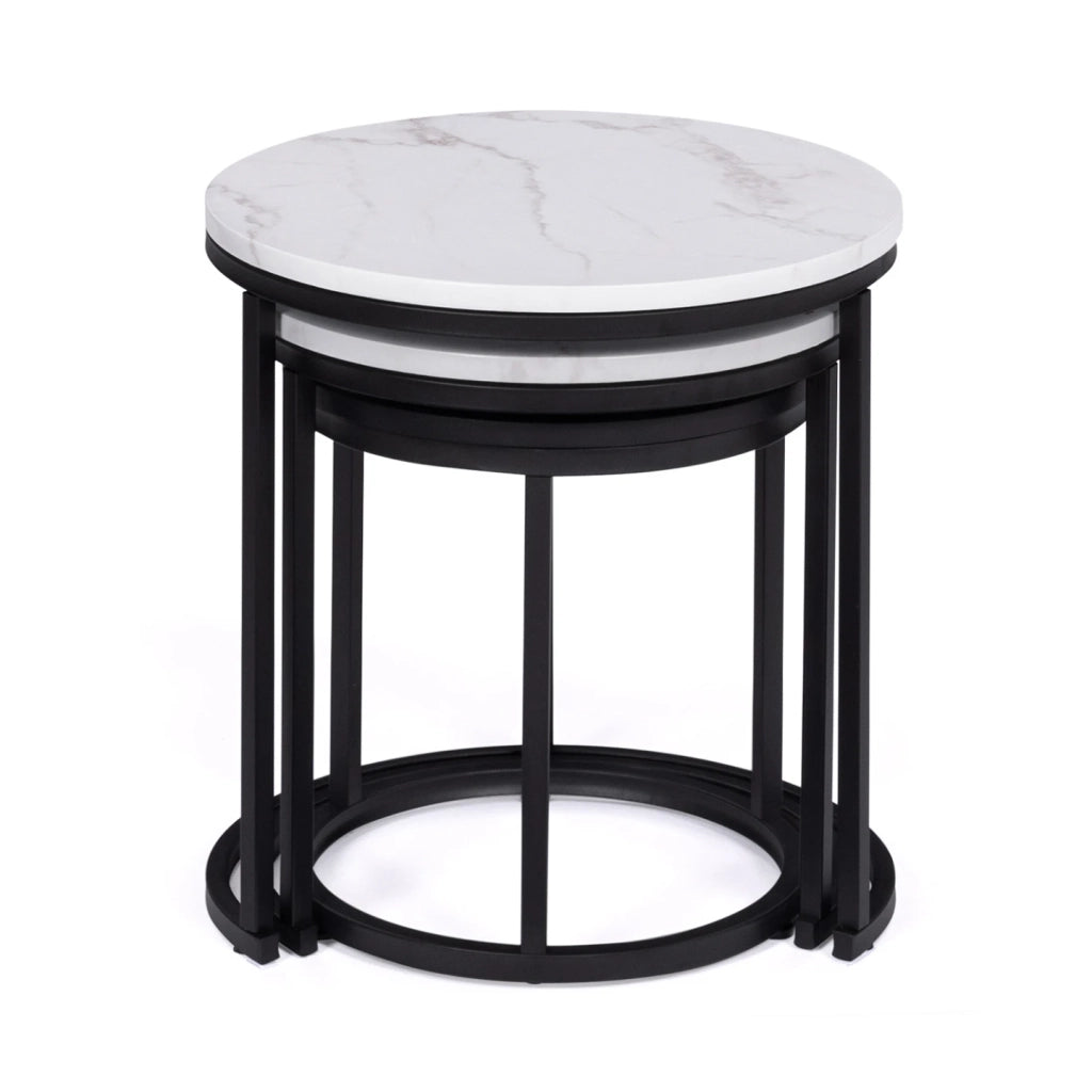 IDMarket - Set di 3 tavolini rotondi 35/40/45 effetto marmo e legno nero, base in metallo ALASKA