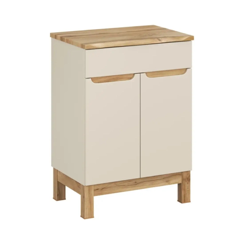 Set da bagno ERMANO cachemire e finitura rovere 60cm: mobile sottolavabo + piano per lavabo smussato