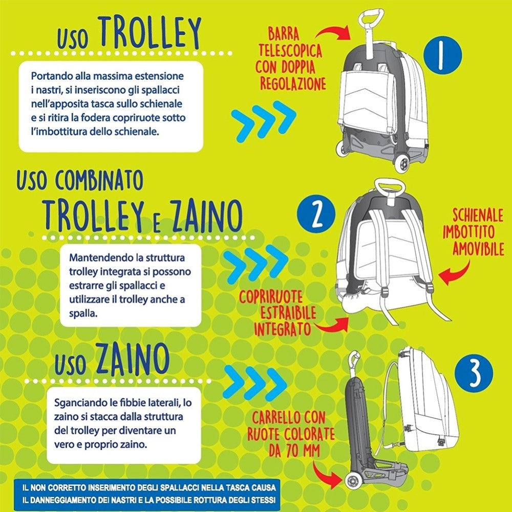 Trade Shop - Zaino Scuola Ragazzi Trolley 3in1 Jack Sj Carrello Rimovibile Rosso -
